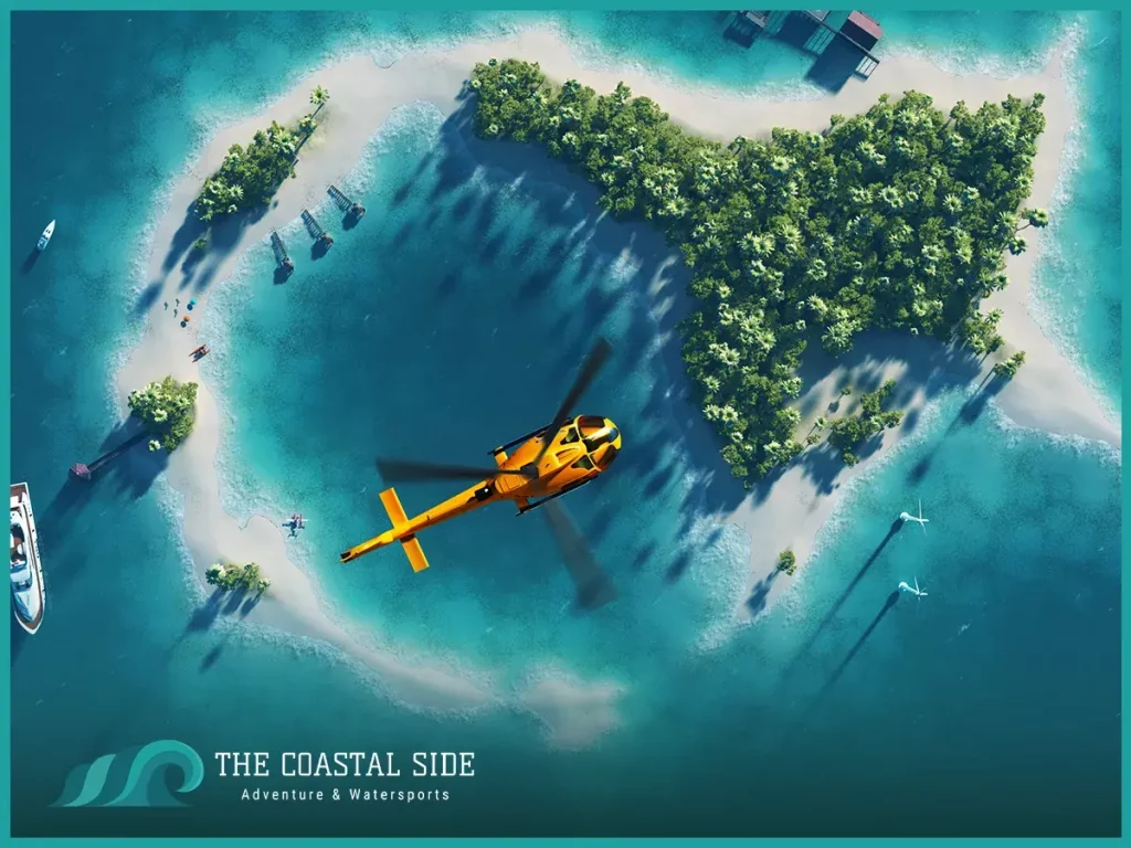 Shot of a helicopter flying over an island