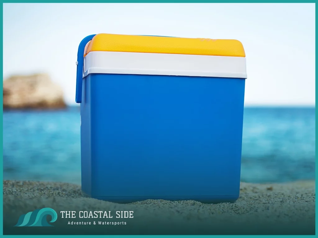 Blue cooler with yellow lid