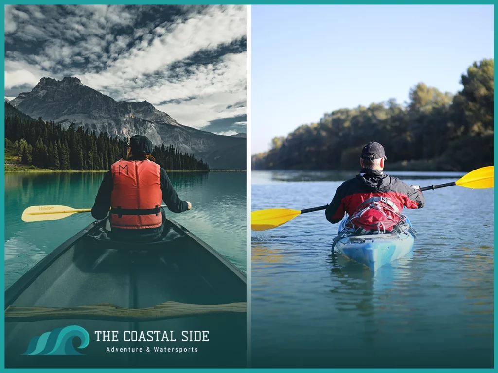 Side by side photos of canoeing and kayaking